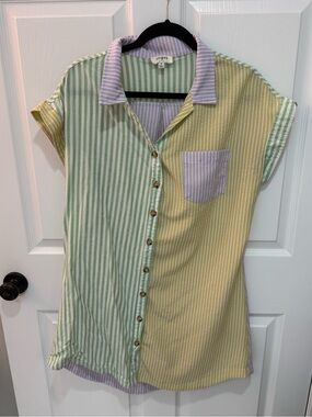 Umgee Striped Colorblock Button-Front Dress - Green, Yellow & Lavender